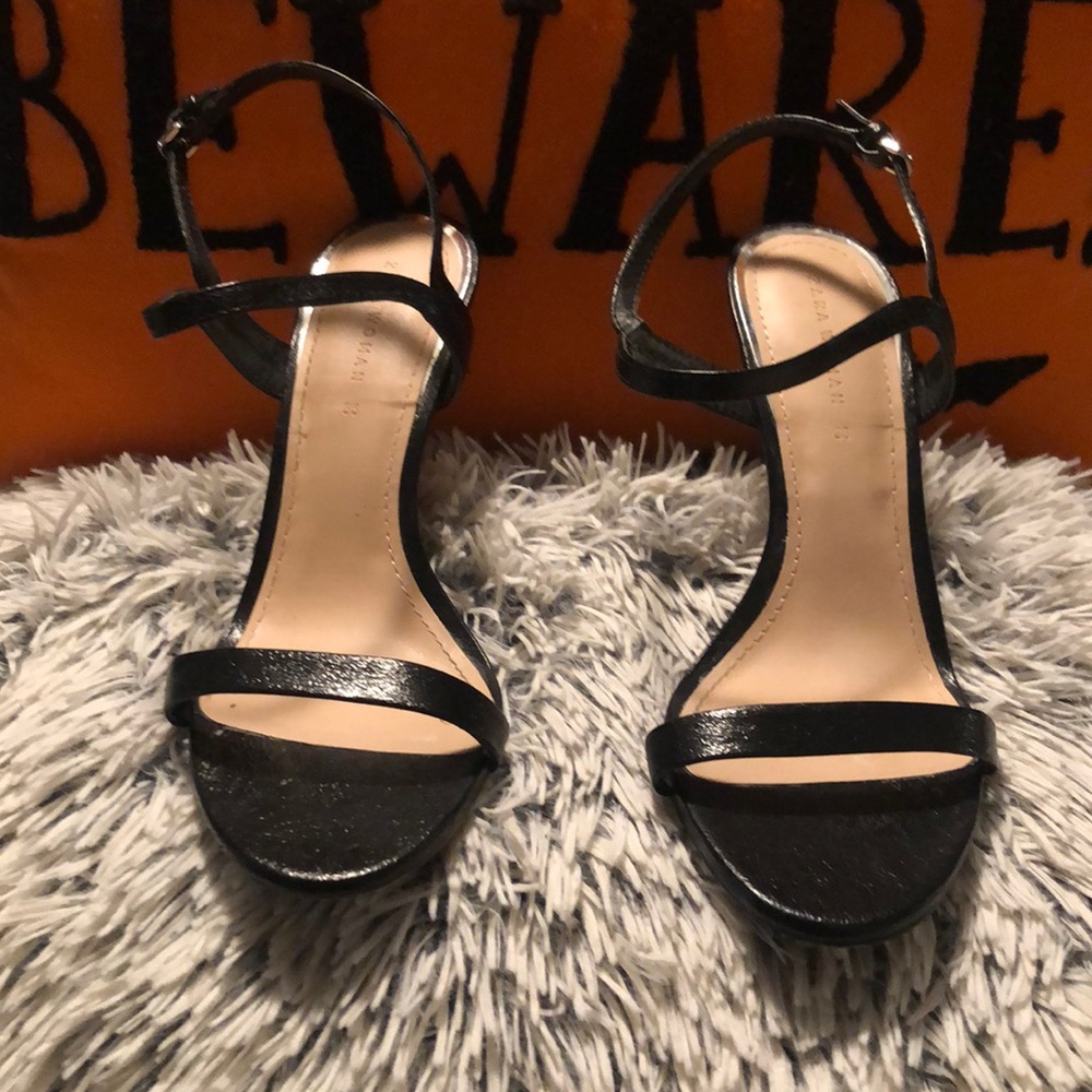 ZARA black leather sandal strapped heel